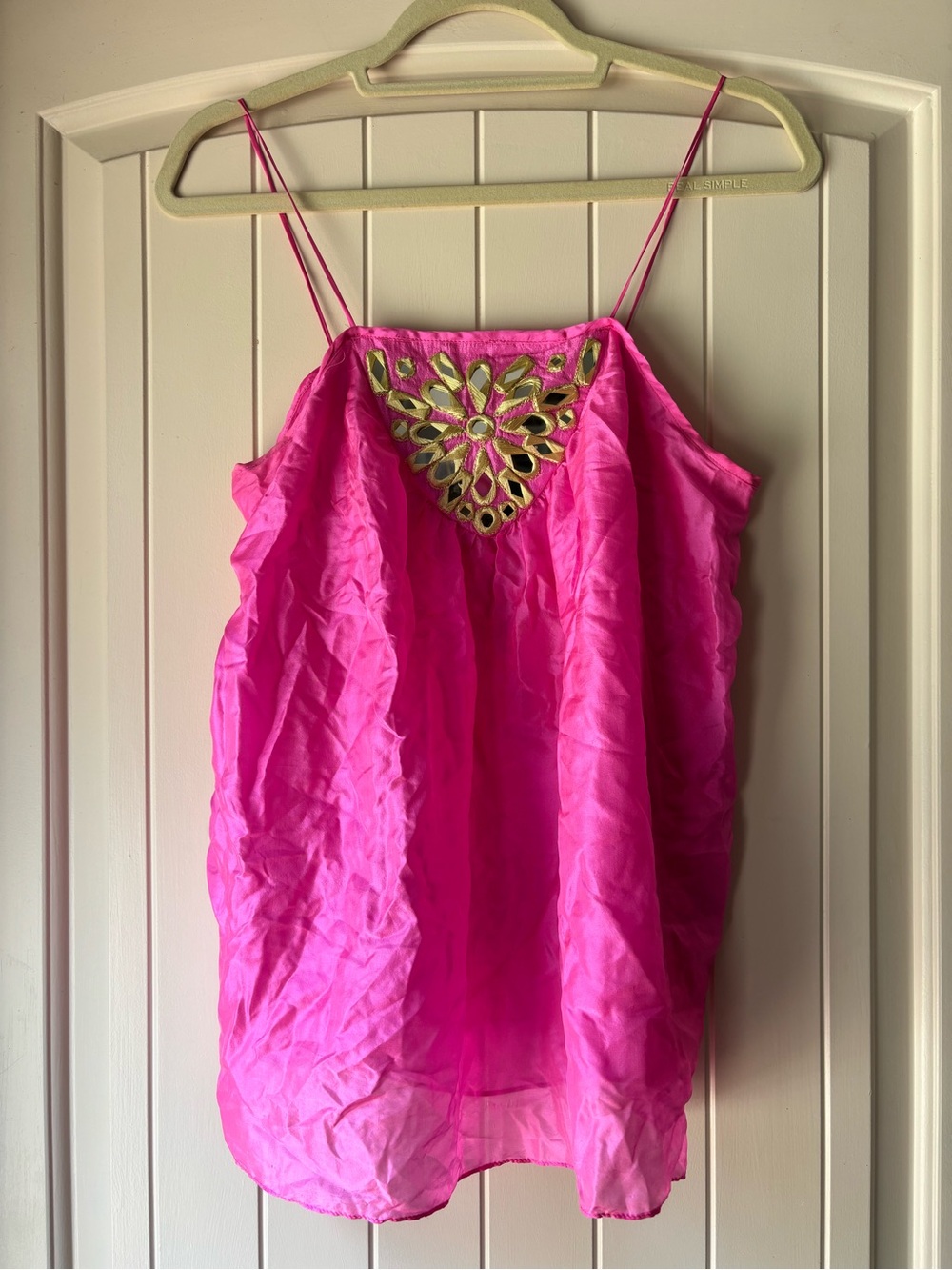 Milly Hot Pink Spaghetti Strap silk Camisole with Gold Mirror Embellishment